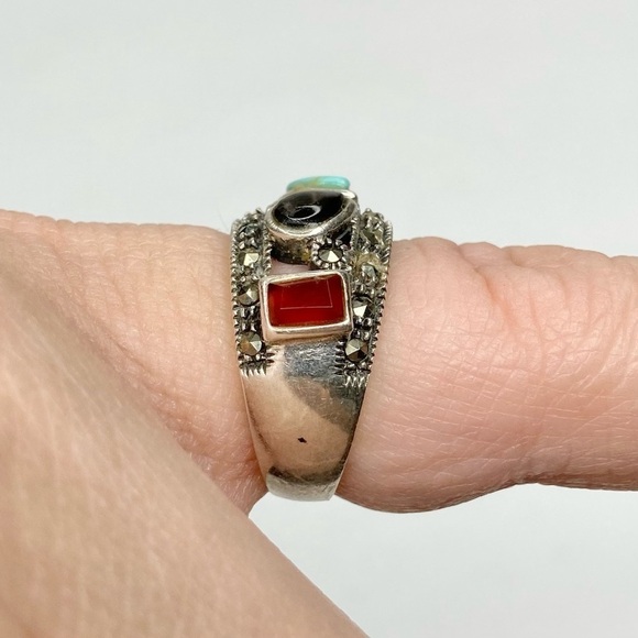Sterling 925 Boho Marcasite Turquoise Blue Onyx Jasper Agate Ring Size 6 - Picture 14 of 14